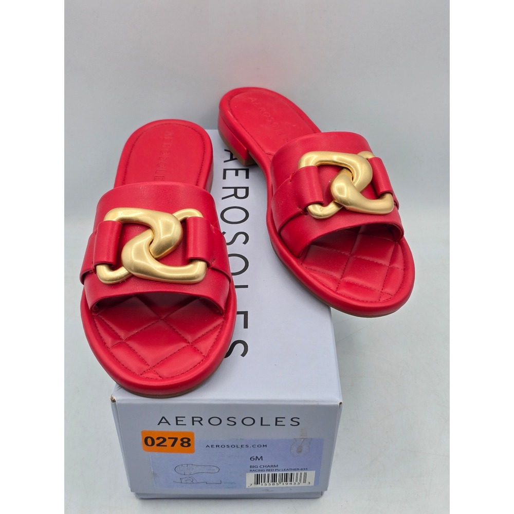 Aerosoles Big Charm Slide Sandals Womens 7 Red Faux Leather Gold Link -New